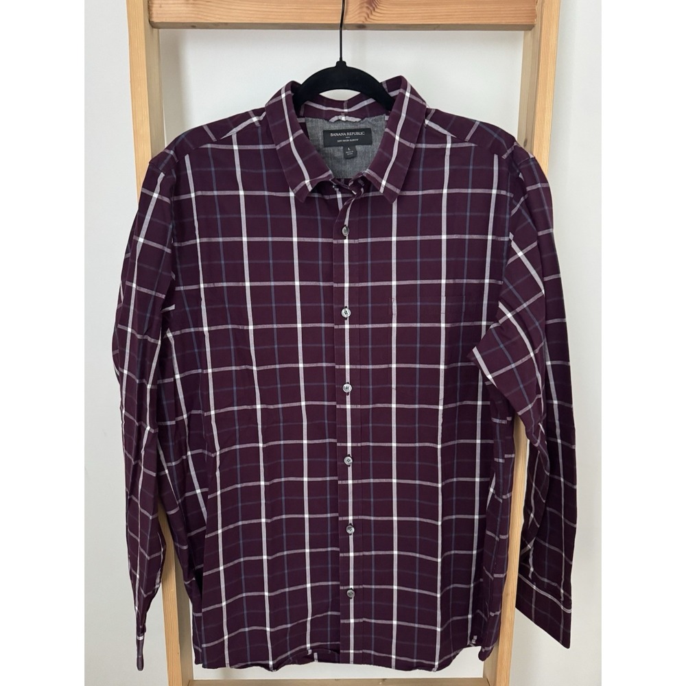 Banana Republic Shirt Mens Large Wine Plaid Soft Wash‎ Slim Fit Button Down (B3